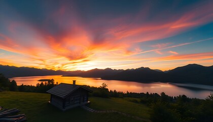Lakeside Cabin at Sunset A Tranquil Mountain Retreat