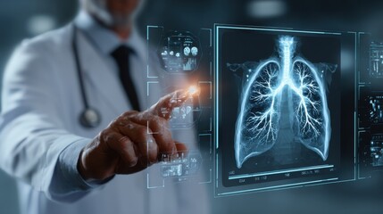 A doctor interacts with a futuristic digital interface displaying detailed lung X-rays and medical data.