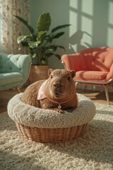Obraz premium Capybara entspannt im gemütlichen Wohnzimmer – Haustier in häuslicher Szene