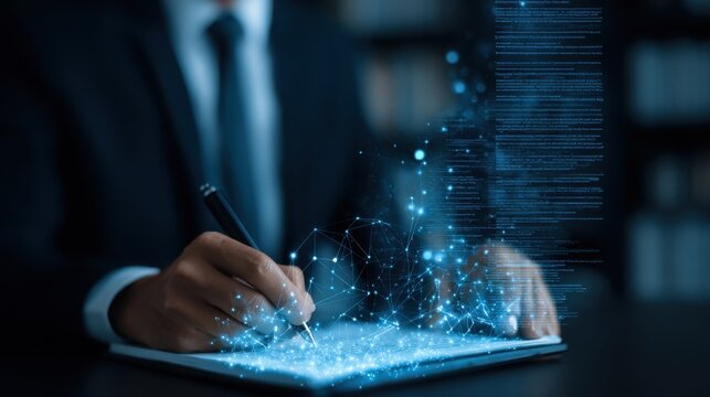 A person in a suit writes on a glowing digital tablet with a holographic network and data visualization emerging from the screen.