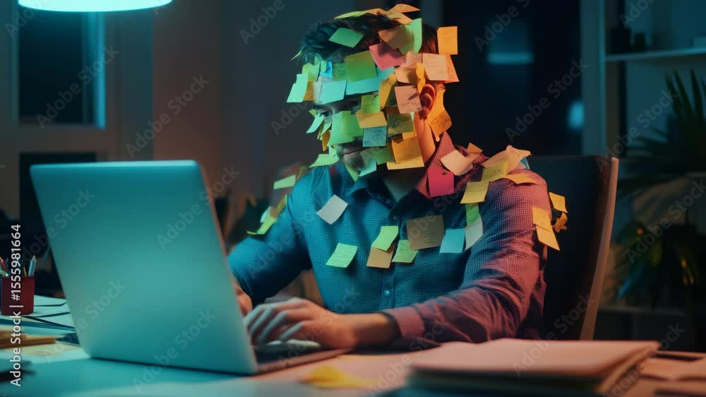 Poster office worker covered in sticky notes, working late into the night on a laptop, battling overwhelmin