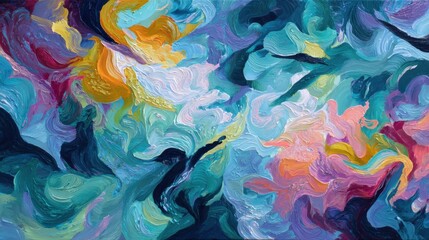 A vibrant abstract painting with swirling, textured brushstrokes in blues, purples, yellows, and pinks, creating a dynamic and energetic visual flow.