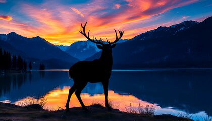 Majestic Silhouette Deer at Sunrise Over Mountain Lake