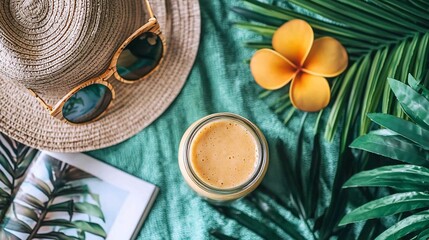 Tropical smoothie, hat, sunglasses, & book on beach towel