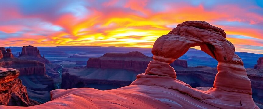 Mesa Arch sunrise panorama, Canyonlands National Park, Utah Vibrant colors, dramatic landscape,  outdoor,  arches