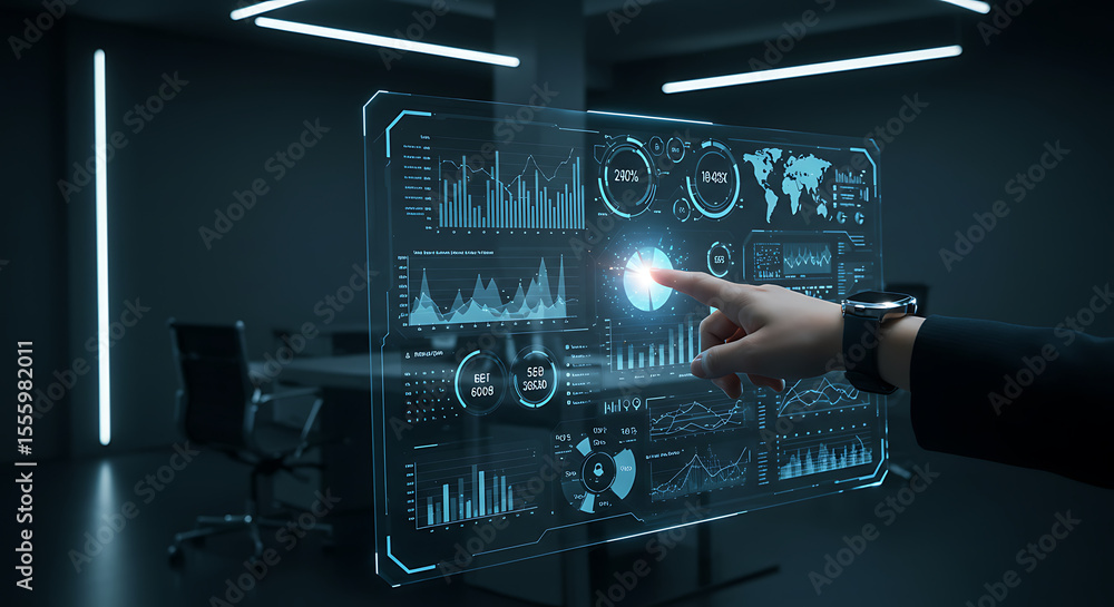 Poster a hand interacts with a holographic display of business data in a modern office setting.