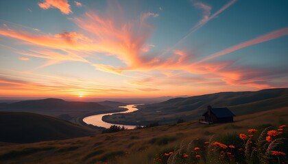 Serene Cabin Overlook at Sunset with Winding River and Wildflowers