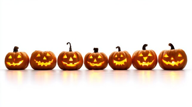 Grinning jack-o-lanterns lined up in a row radiate warm candlelight against an isolated white background, perfect for autumn celebrations and Halloween festivities