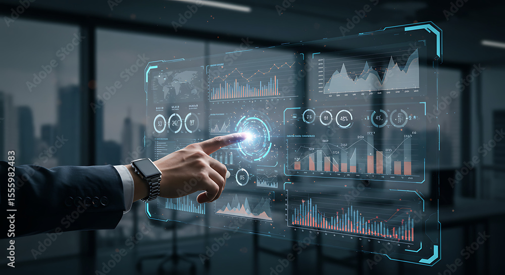 Poster a person's hand interacting with a futuristic digital interface displaying data visualizations.