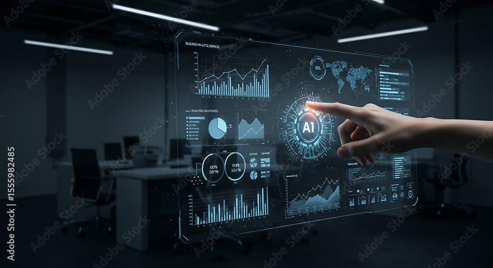 Poster a hand interacts with a futuristic holographic display showing ai data visualizations in a modern of