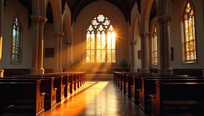Fototapeta premium Serene interior of a church, bathed in sunlight streaming through stained-glass windows, focusing on a quiet prayer area Perfect for themes of faith, spirituality, peace, and worship , cross, heaven