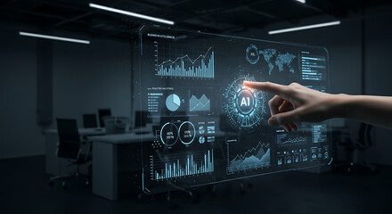 A hand interacts with a futuristic holographic display showing AI data visualizations in a modern office setting.