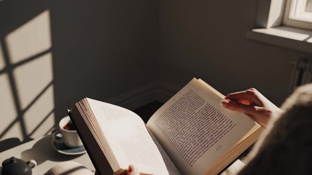 Person reads book beside sunlit window, cozy reading envelopes calm mood, cozy reading nurtures thoughtful pause, cozy reading celebrates warm silence. Concept slow living.