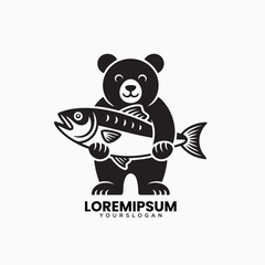 Simple Bear Holding Fish Logo Design in Black and White


