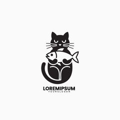 Minimalist Black Cat Holding Fish Logo Design for Pet or Food Brand

