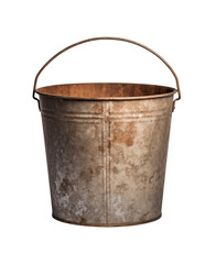 Rustic metal bucket features aged texture against a dark background, showcasing vintage character....
