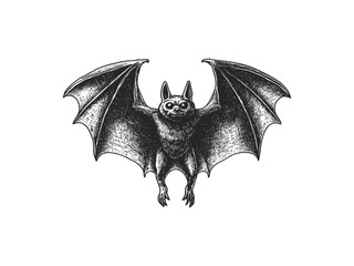 Flying bat Halloween engraving, spooky October holiday icon, vintage black line art, hand-drawn horror motif, trendy seasonal sketch, old engraving style, dark gothic artwork, eerie element