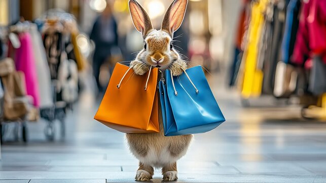 Adorable bunny rabbit holds shopping bags in mall