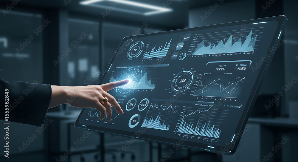 Fototapete A hand interacts with a futuristic digital interface displaying data visualizations and graphs.