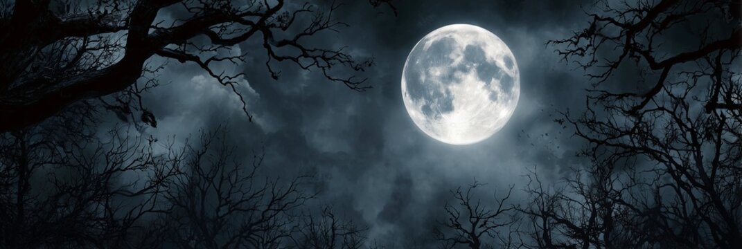 Haunting Halloween moon shines over eerie forest silhouettes creating a chilling atmosphere at night