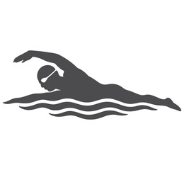 Silhouette of a swimmer in dark grey on white background