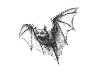 Halloween spooky bat flying engraving, October holiday icon, vintage black line style, hand-drawn horror design, old sketch, seasonal trendy artwork, gothic creepy motif, eerie illustration
