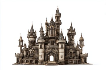 Obraz premium Miniature haunted castle gate with intricate architectural details, isolated against a white background, showcasing its eerie and enchanting design
