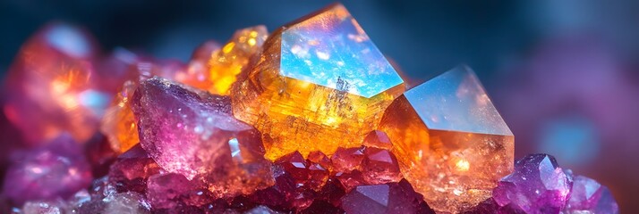 Close up of a cluster of colorful crystals with orange and purple hues and sharp geometric shapes