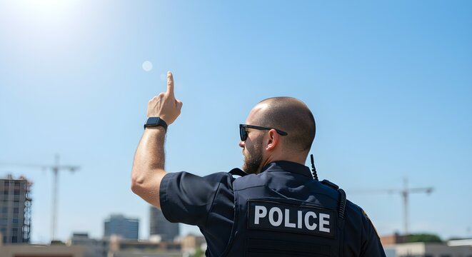 Man police officer pointing finger upward to sky with buildings in background. Safety and security concept. Public service.
