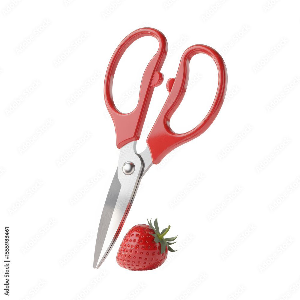 Poster shiny red handled scissors with sharp metal blades positioned next to a ripe juicy strawberry isolat
