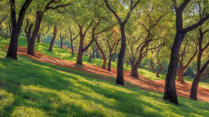 Fototapeta premium Sunlit Green Grass Hill with Lush Trees and Autumn Leaves
