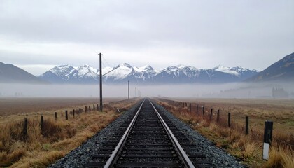 Railway Tracks Leading to Majestic Mountainscape Amidst Atmospheric Mist