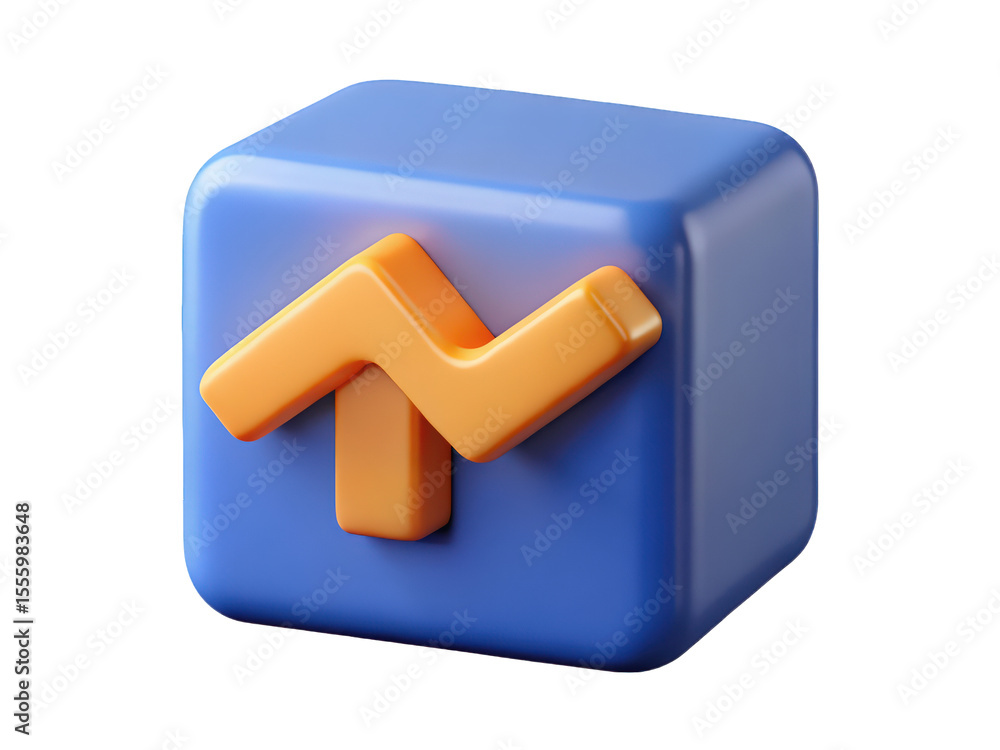 Poster abstract 3d render of a blue cube with an orange upward trending arrow graphic design element modern