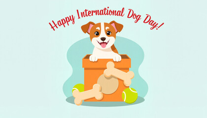 Cute dog celebrating International Dog Day with toys and box  