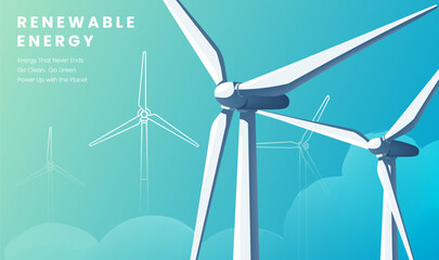 Renewable energy horizontal panel illustration of wind turbines © jm