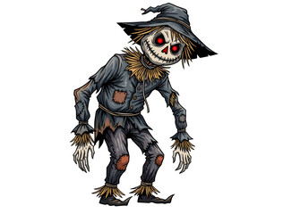 Scary farm field scarecrow with stitched mouth and glowing red eyes - isolated white background cartoon illustration