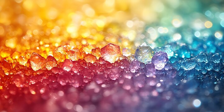 Close up view of colorful crystals with a gradient from yellow to blue and bokeh background