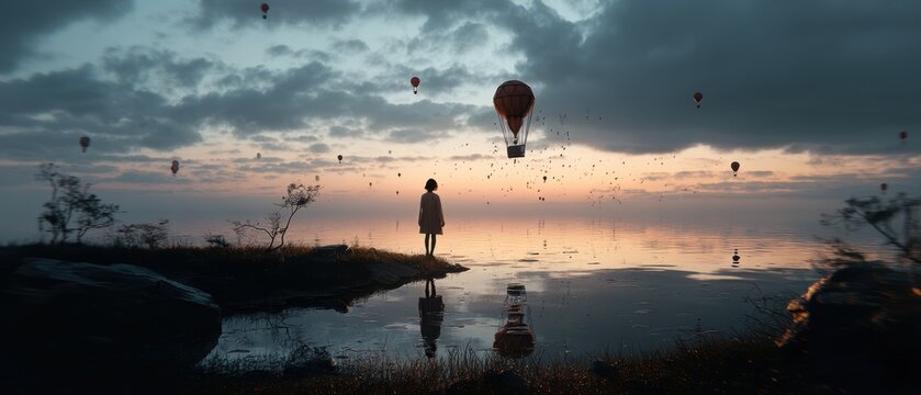 Person gazing at hot air balloons at sunset.