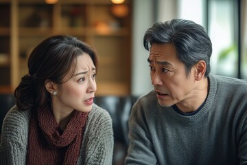 Naklejka premium Family problems. Asian couple quarrelling together at home. Woman angry at man, and man feeling annoyed., Generative AI