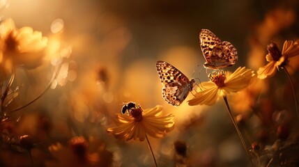 Butterflies and bees among glowing petals, ethereal golden light,