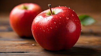 A high-resolution, close-up horizontal photograph of a fresh red apple placed on a wooden surface