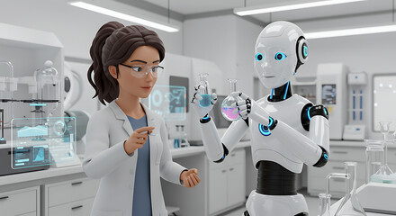 A scientist and a robot collaborating in a modern laboratory setting, examining a vial.