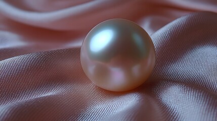 A luminous pearl resting softly on a delicate pink satin fabric with subtle folds and gentle highlights