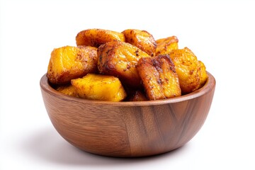 Spiced fried plantain cubes known as kelewele served in a wooden bowl on a bright white background