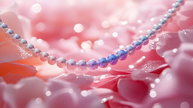 Pearl necklace resting on a bed of pink rose petals with soft focus and gentle lighting effect