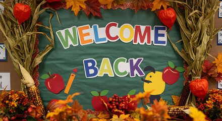 Blackboard sign with colorful “Welcome Back” message and decorative school-themed illustrations