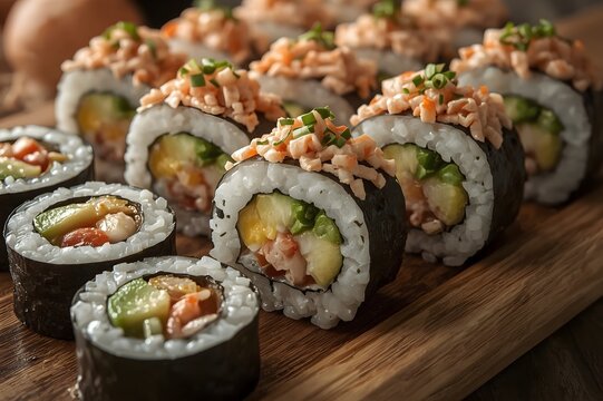 Deliciously prepared sushi rolls with fresh avocado and salmon topped with chopped green onions and spicy mayonnaise served on a wooden board