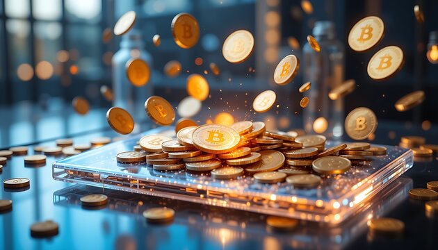 Cryptocurrency Event, Bitcoin Coins on Smartphone Screen, Financial Technology Concept, Digital Currency, Business Environment, Close-up View