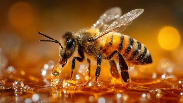 A detailed view of a bee delicately sipping nectar from a warm, glistening pool of honey. The atmosphere is rich with golden hues and sparkling droplets creating a serene setting