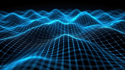 Colorful blue waves with a grid overlay represent data patterns in a digital terrain. The design evokes a sense of motion and technology in a dark setting - Powered by Adobe